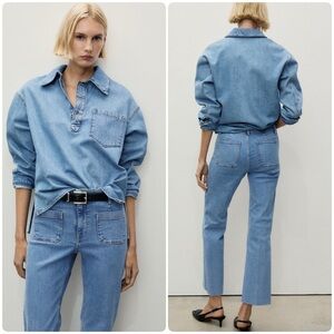 Mango Cropped Cotton Blend Flared Raw Hem Light Wash Jeans Women’s Size 14